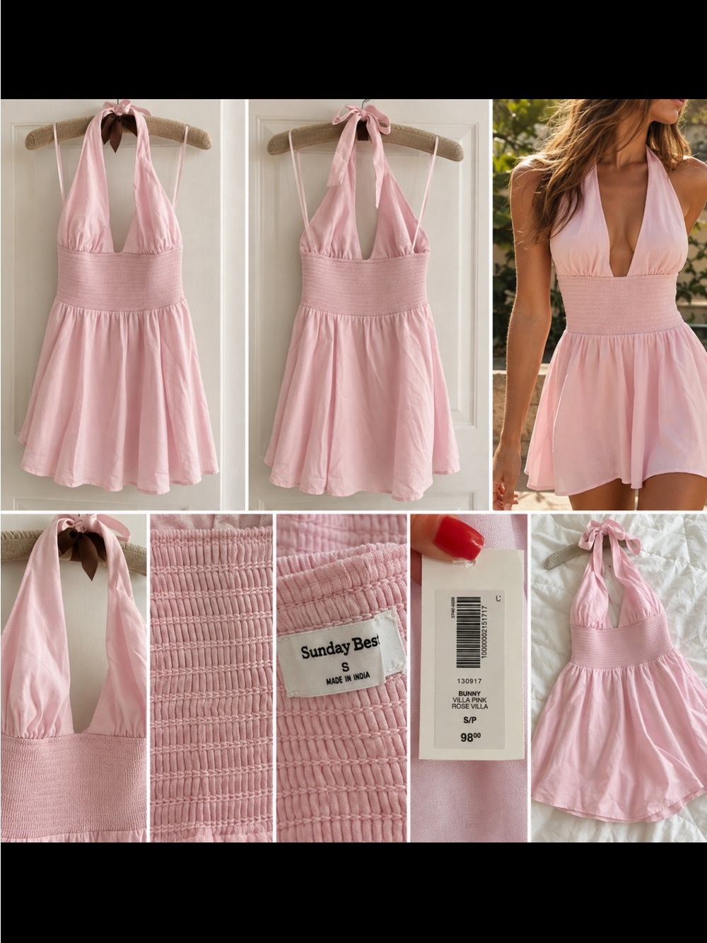 Aritzia Sunday Best Pink Halter Smocked Waist Mini Dress NWT Size Small